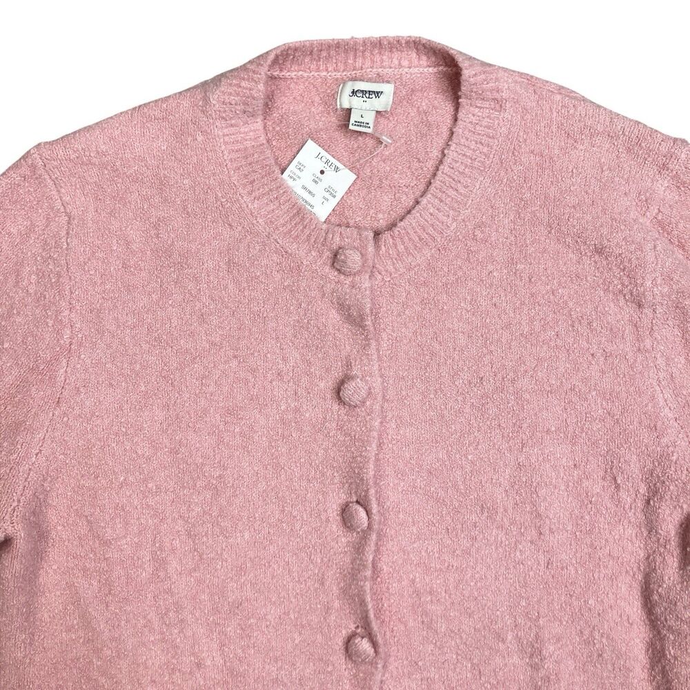 J Crew Cardigan Sweater Womens L Pink Boucle Button Front Soft Knit Cozy CP358